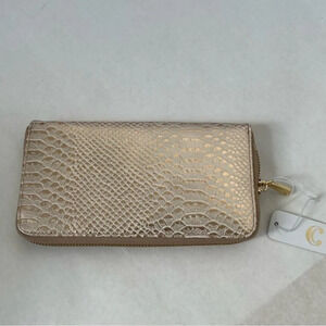 NWT - Charming Charlie Snake Skin Zip Around Wallet Gold Shimmering Clutch Bag